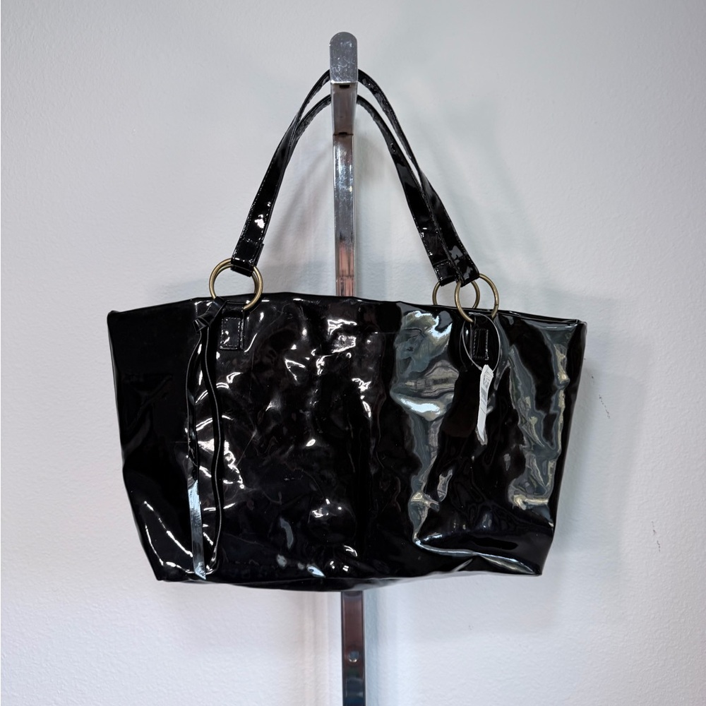 Vintage Neiman Marcus Black Patent Tote Bag Y2K New With Tags Oversized Shoulder